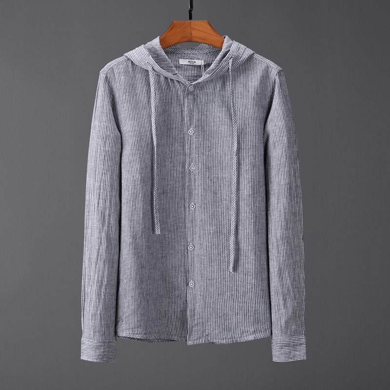 Hooded Tether Thin Loose Long Linen Sleeves Men's Shirt